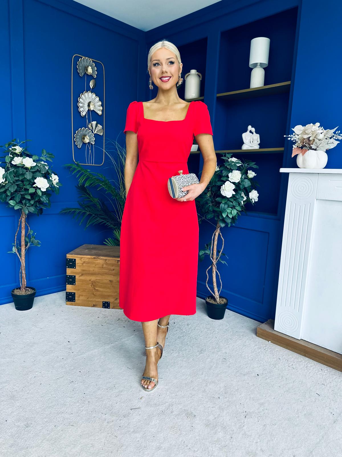 Valentina Square Neck Short Sleeve Midi Dress Red