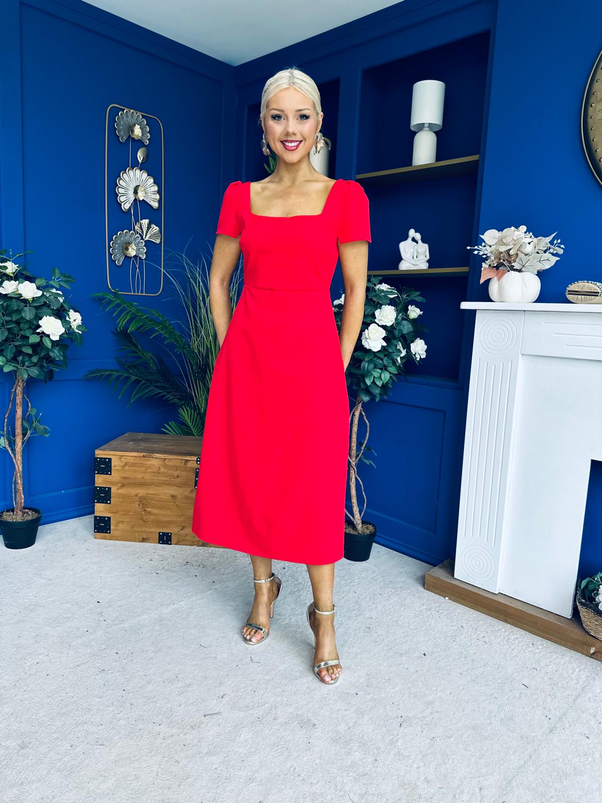 Valentina Square Neck Short Sleeve Midi Dress Red
