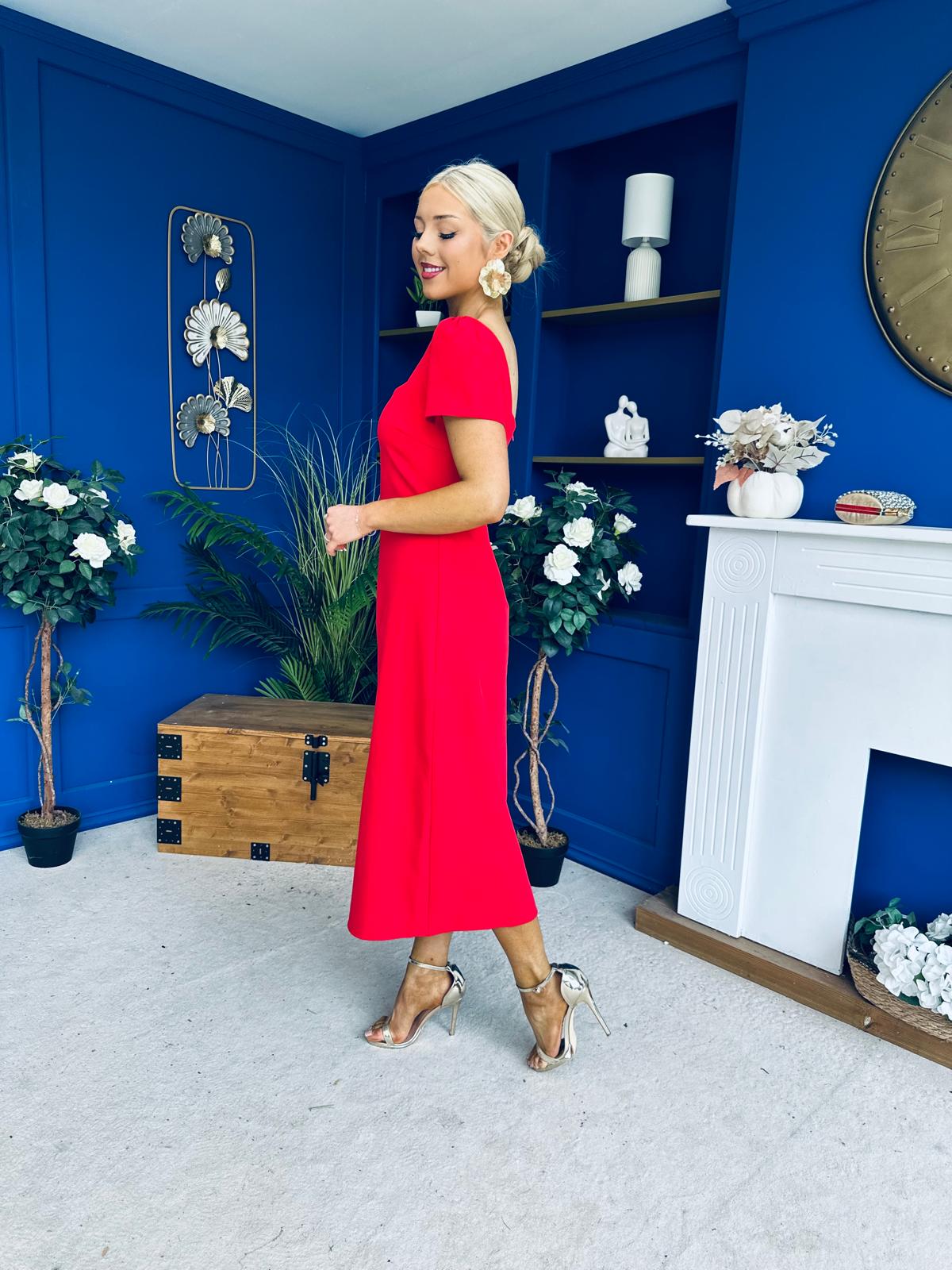 Valentina Square Neck Short Sleeve Midi Dress Red