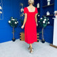 Valentina Square Neck Short Sleeve Midi Dress Red