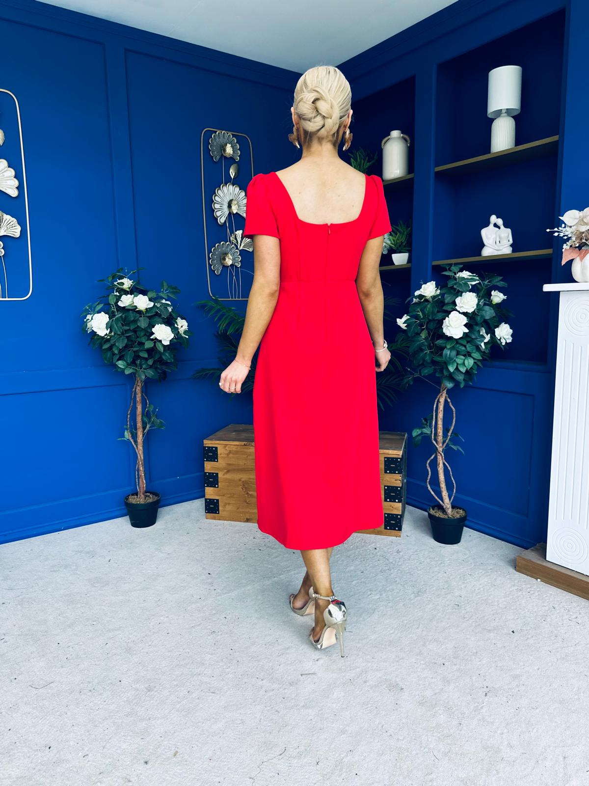 Valentina Square Neck Short Sleeve Midi Dress Red
