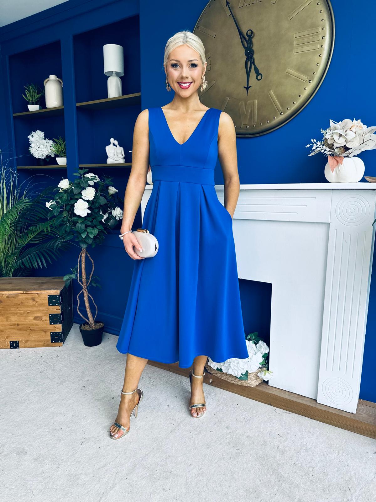 Tiffany V Neck Skater Scuba Midi Dress Cobalt