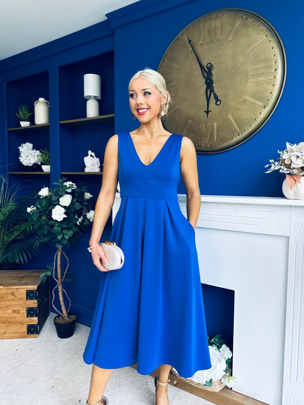 Tiffany V Neck Skater Scuba Midi Dress Cobalt