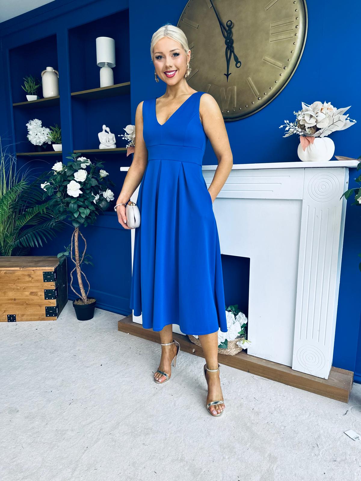 Tiffany V Neck Skater Scuba Midi Dress Cobalt
