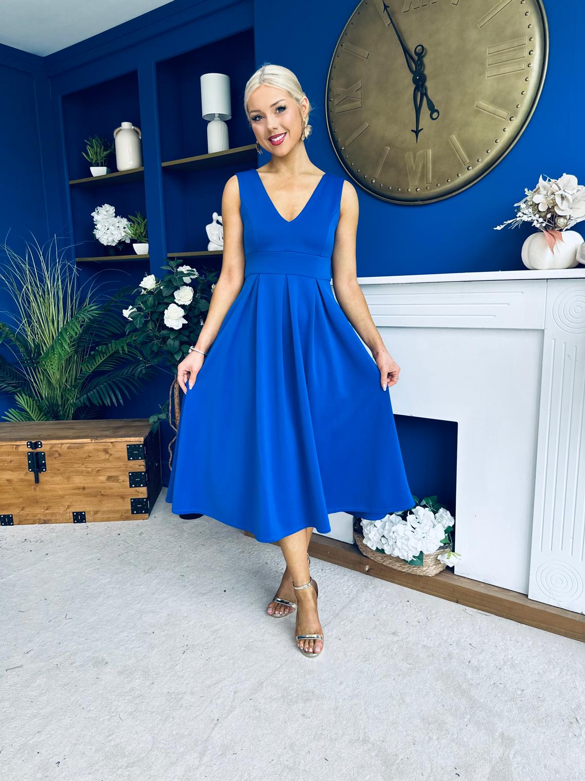 Tiffany V Neck Skater Scuba Midi Dress Cobalt