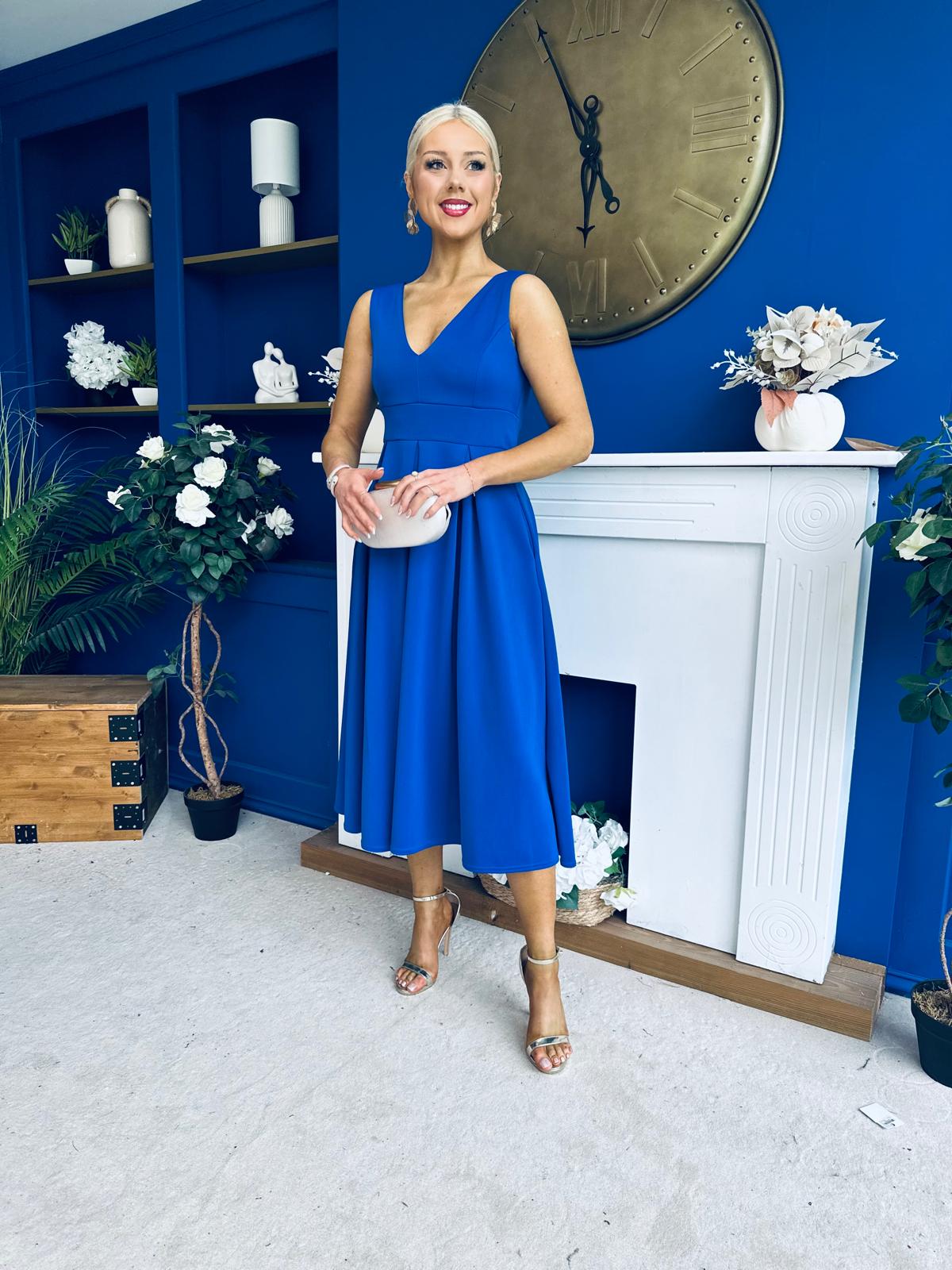 tiffany blue skater dress Tiffany V Neck Skater Scuba Midi Dress Cobalt Girl In Mind
