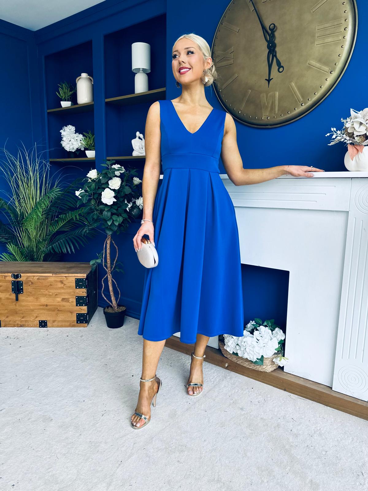 Tiffany V Neck Skater Scuba Midi Dress Cobalt