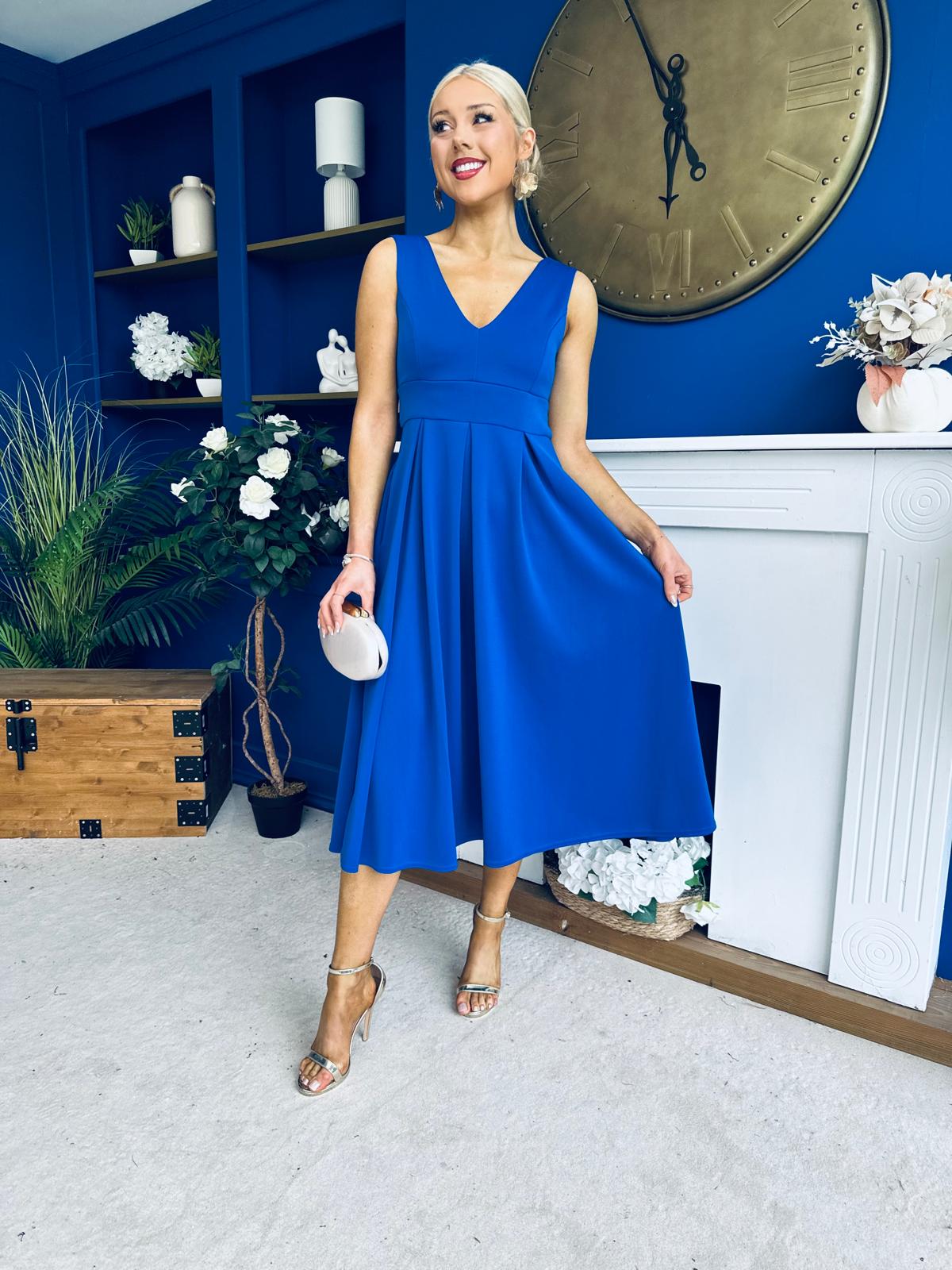 Tiffany V Neck Skater Scuba Midi Dress Cobalt