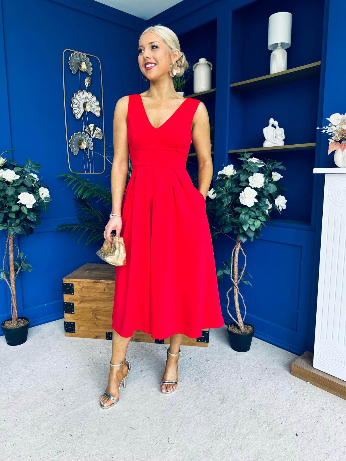 Tiffany V Neck Skater Scuba Midi Dress Red