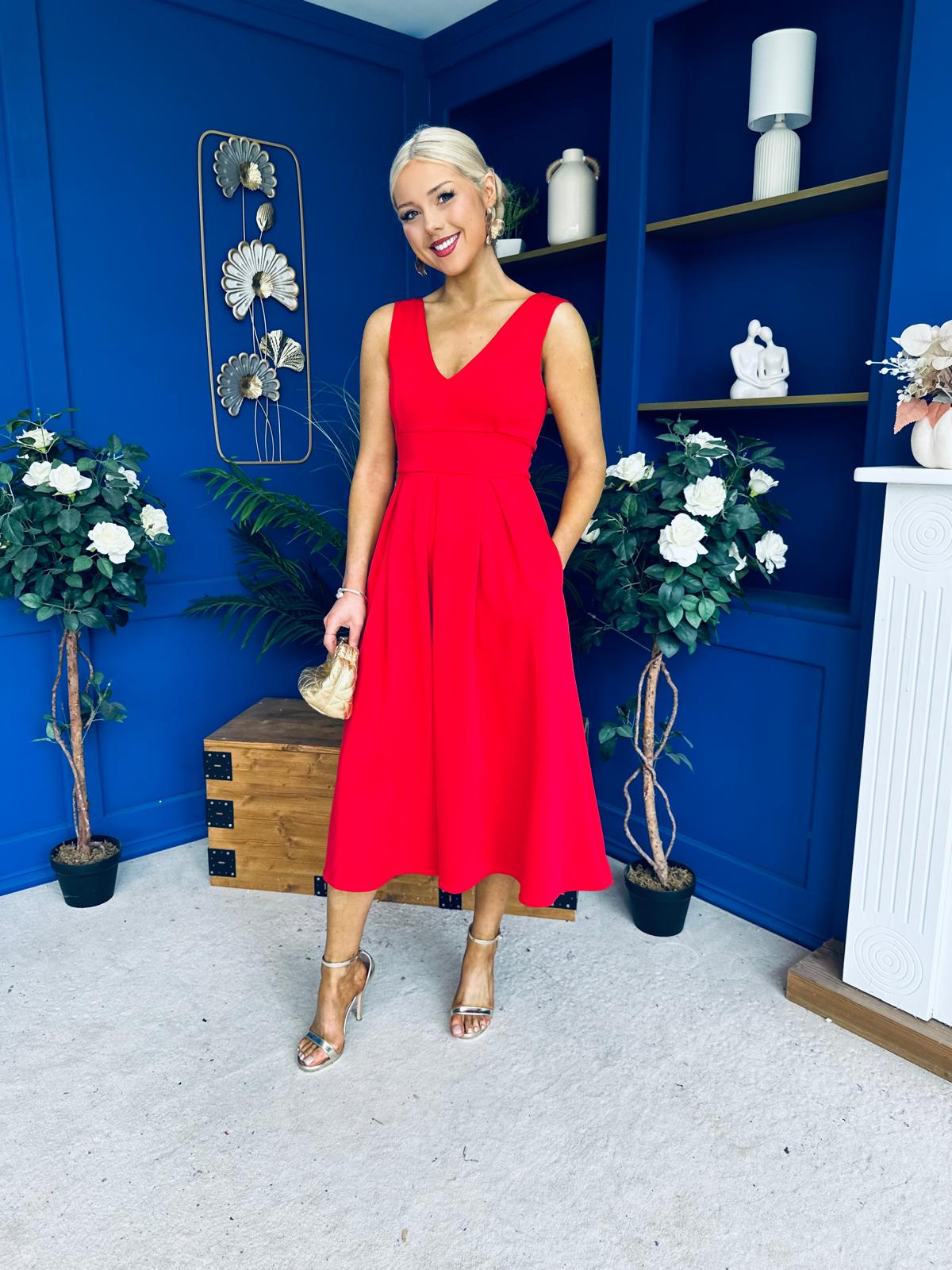 Tiffany V Neck Skater Scuba Midi Dress Red