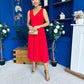 Tiffany V Neck Skater Scuba Midi Dress Red