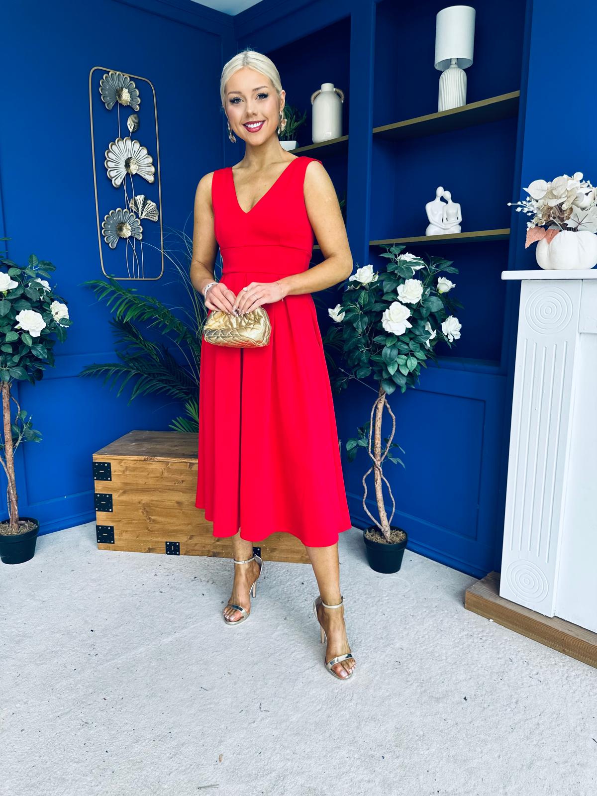 Tiffany V Neck Skater Scuba Midi Dress Red