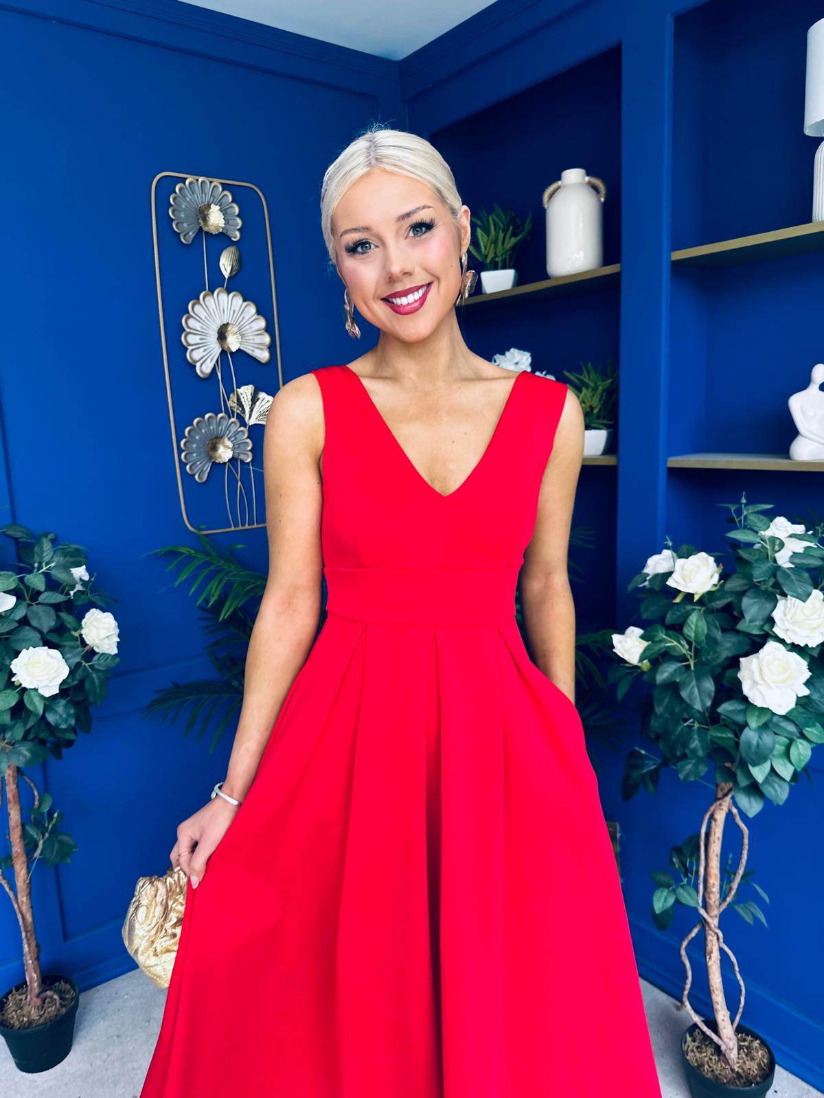 Tiffany V Neck Skater Scuba Midi Dress Red