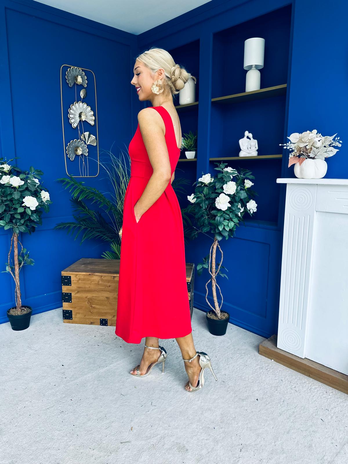 Tiffany V Neck Skater Scuba Midi Dress Red