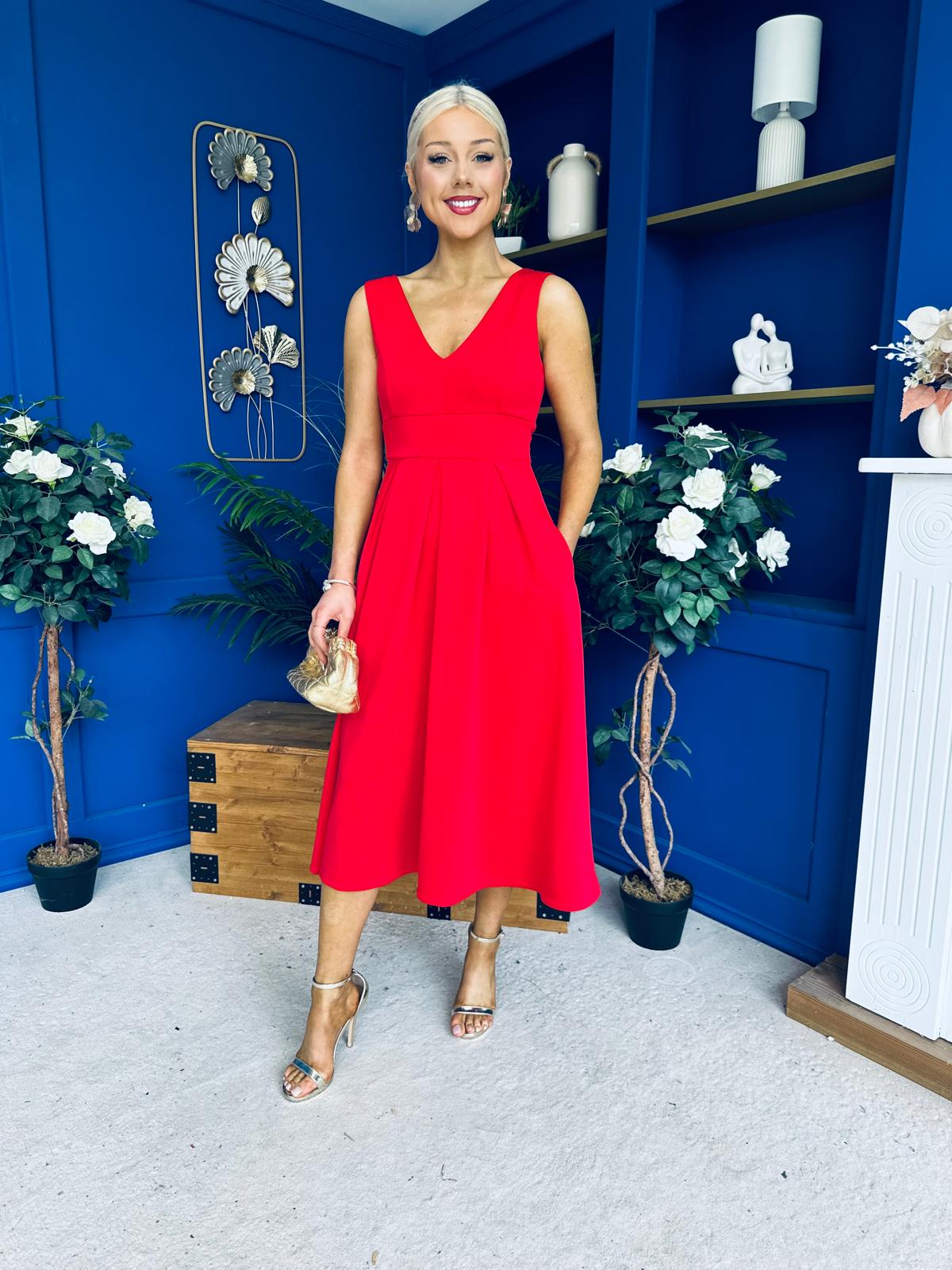 Tiffany V Neck Skater Scuba Midi Dress Red