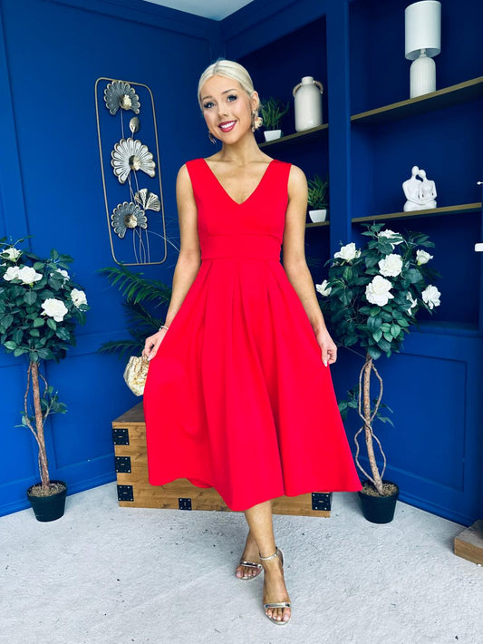 Tiffany V Neck Skater Scuba Midi Dress Red