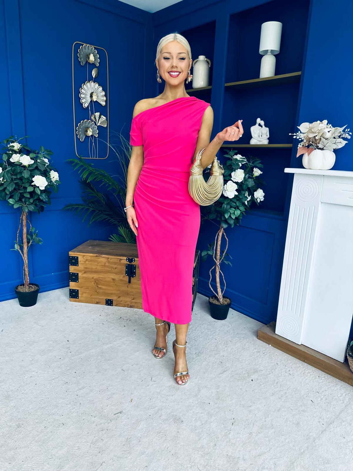 Donna Asymmetric Neckline Midi Dress Hot Pink