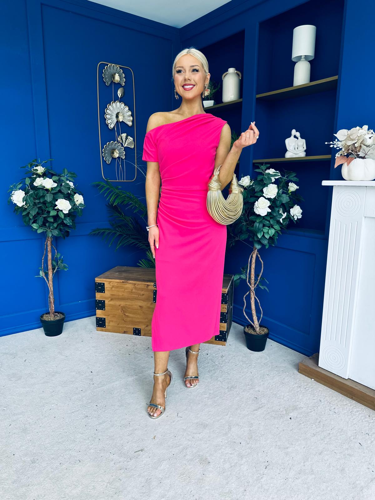 Donna Asymmetric Neckline Midi Dress Hot Pink