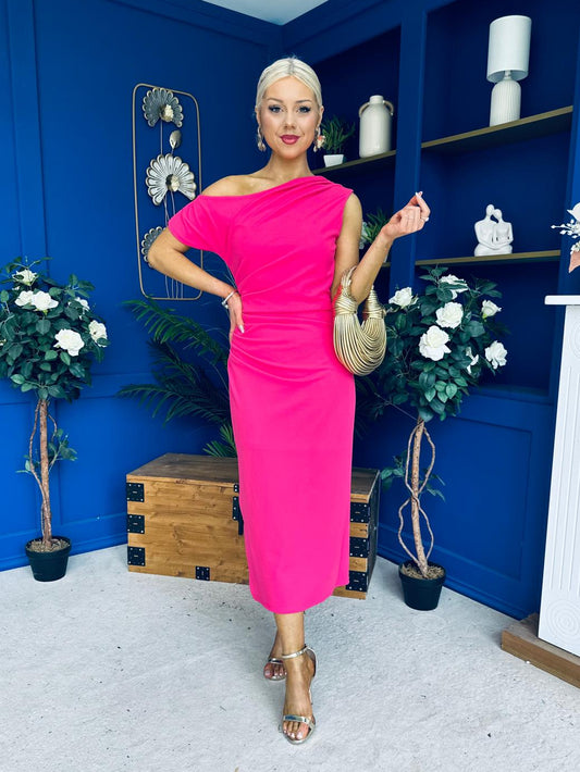 Donna Asymmetric Neckline Midi Dress Hot Pink