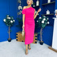 Donna Asymmetric Neckline Midi Dress Hot Pink