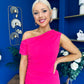 Donna Asymmetric Neckline Midi Dress Hot Pink
