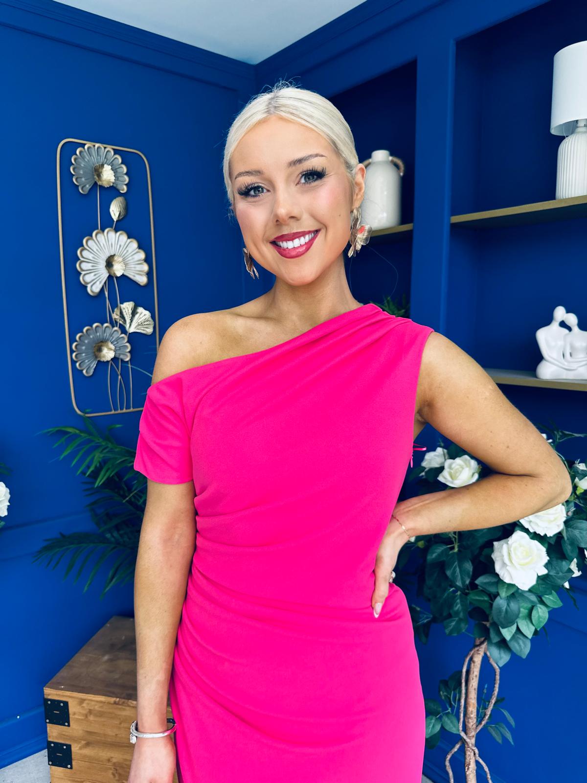 Donna Asymmetric Neckline Midi Dress Hot Pink