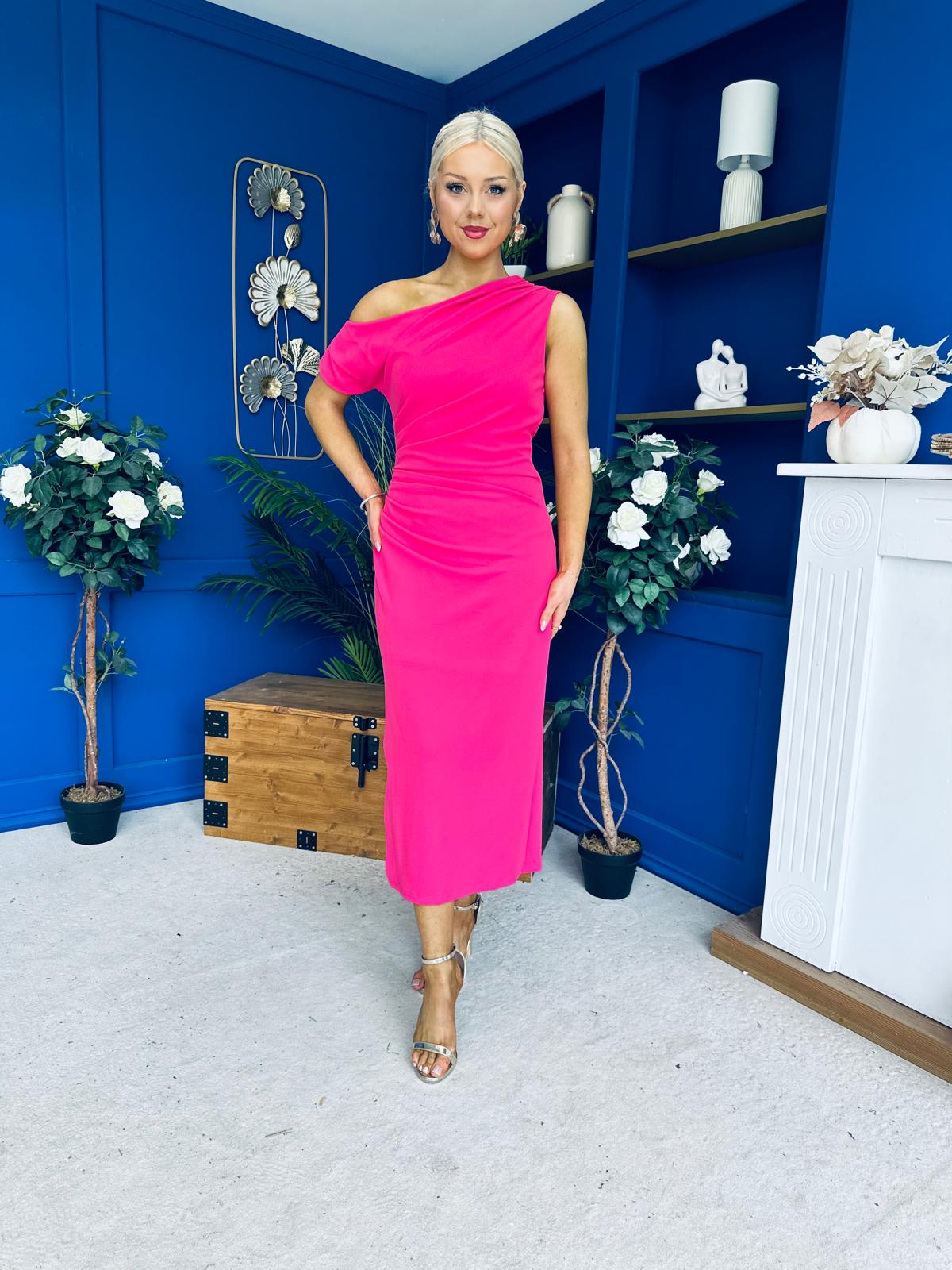 Donna Asymmetric Neckline Midi Dress Hot Pink