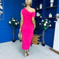 Donna Asymmetric Neckline Midi Dress Hot Pink