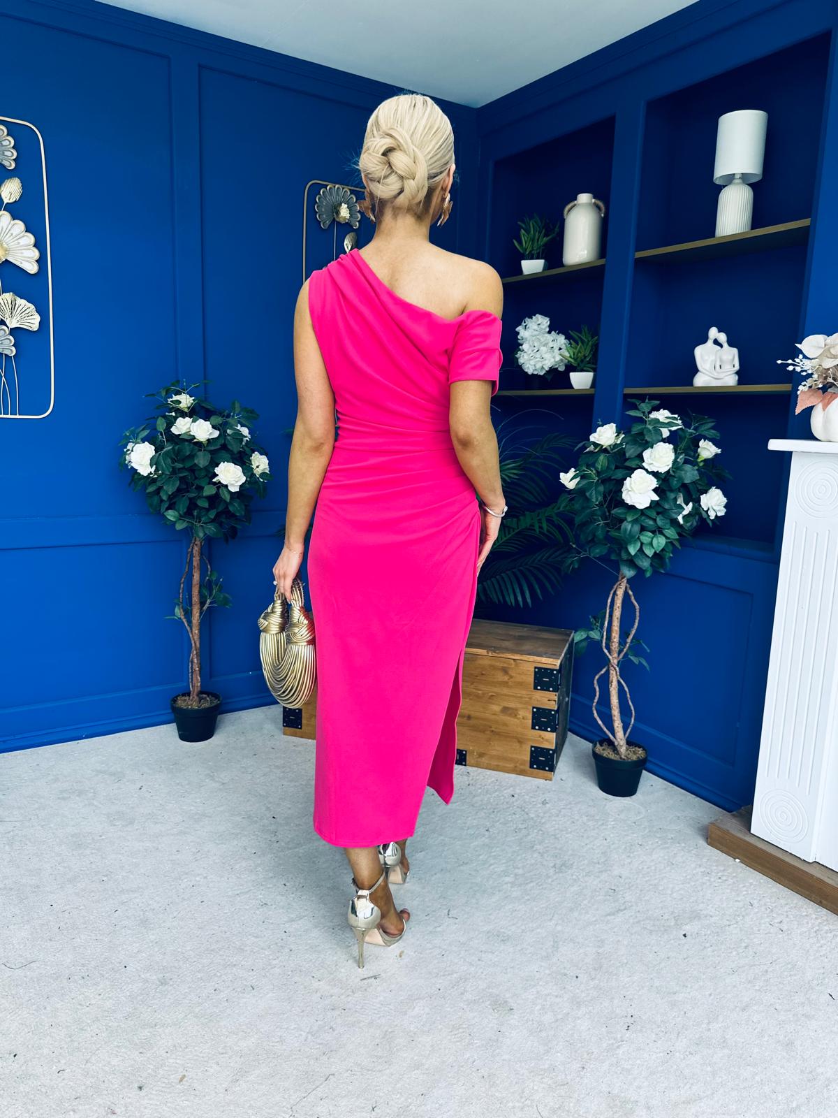 Donna Asymmetric Neckline Midi Dress Hot Pink