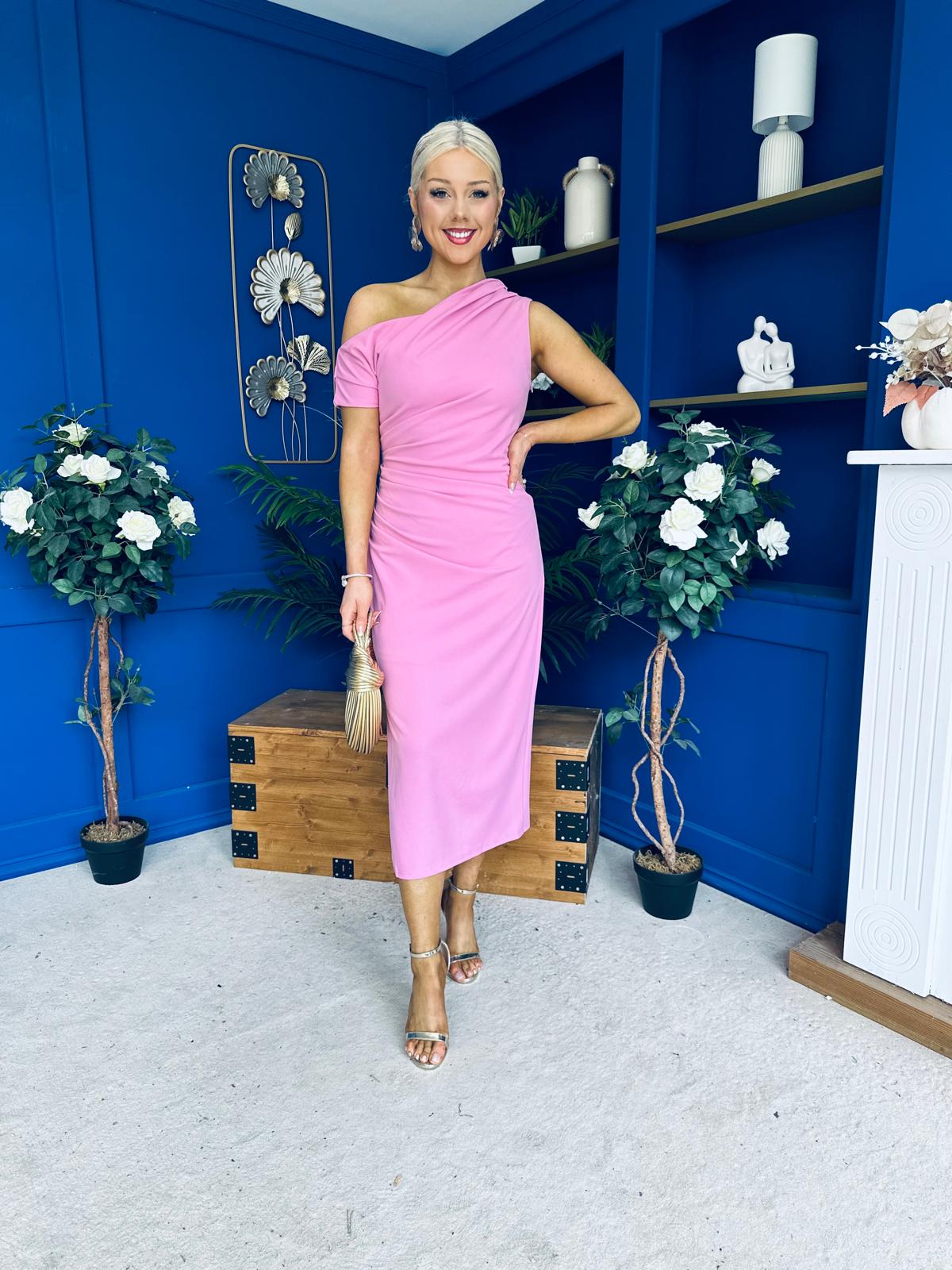 Donna Asymmetric Neckline Midi Dress Pwr Pink