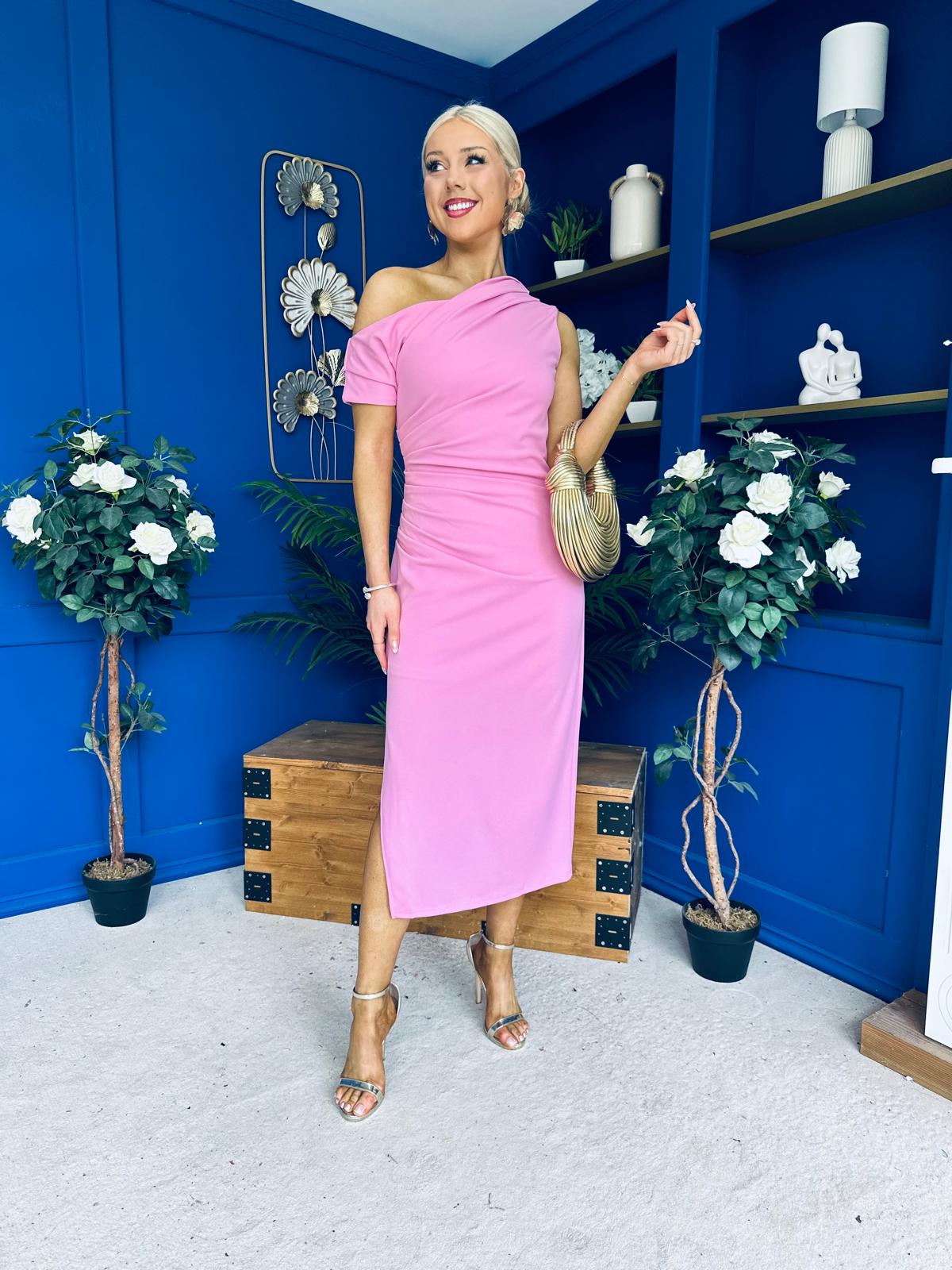 Donna Asymmetric Neckline Midi Dress Pwr Pink