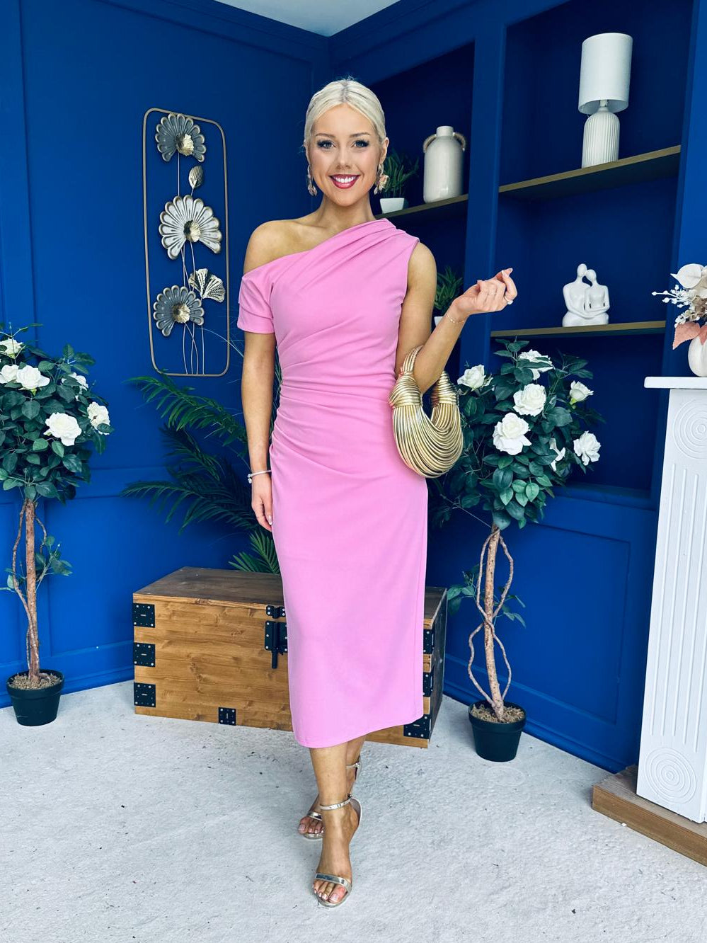 Donna Asymmetric Neckline Midi Dress Pwr Pink