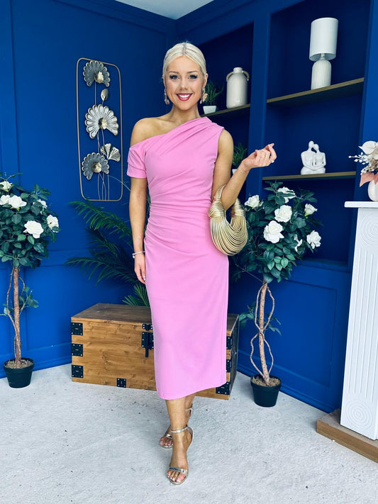 Donna Asymmetric Neckline Midi Dress Pwr Pink