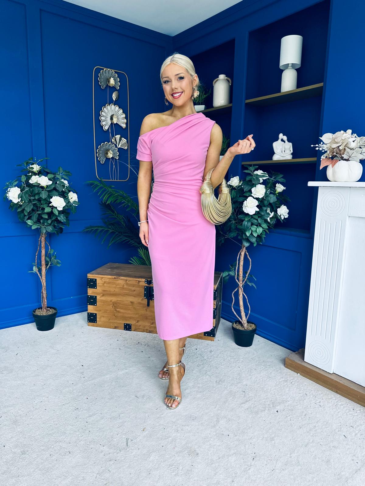 Donna Asymmetric Neckline Midi Dress Pwr Pink