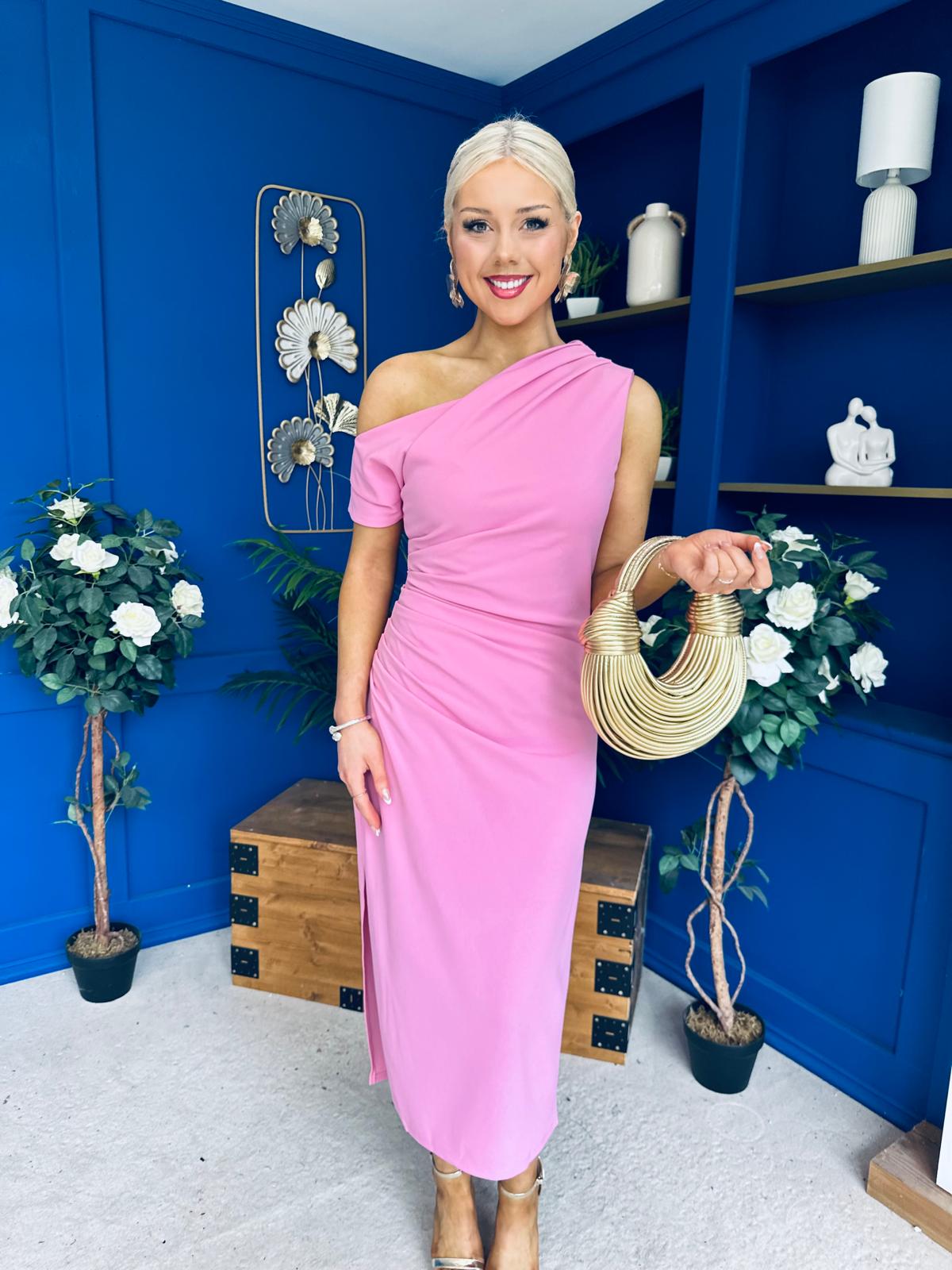 Donna Asymmetric Neckline Midi Dress Pwr Pink