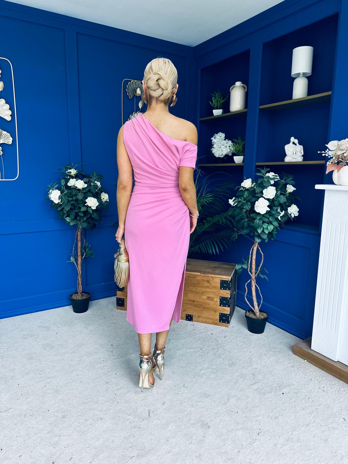 Donna Asymmetric Neckline Midi Dress Pwr Pink