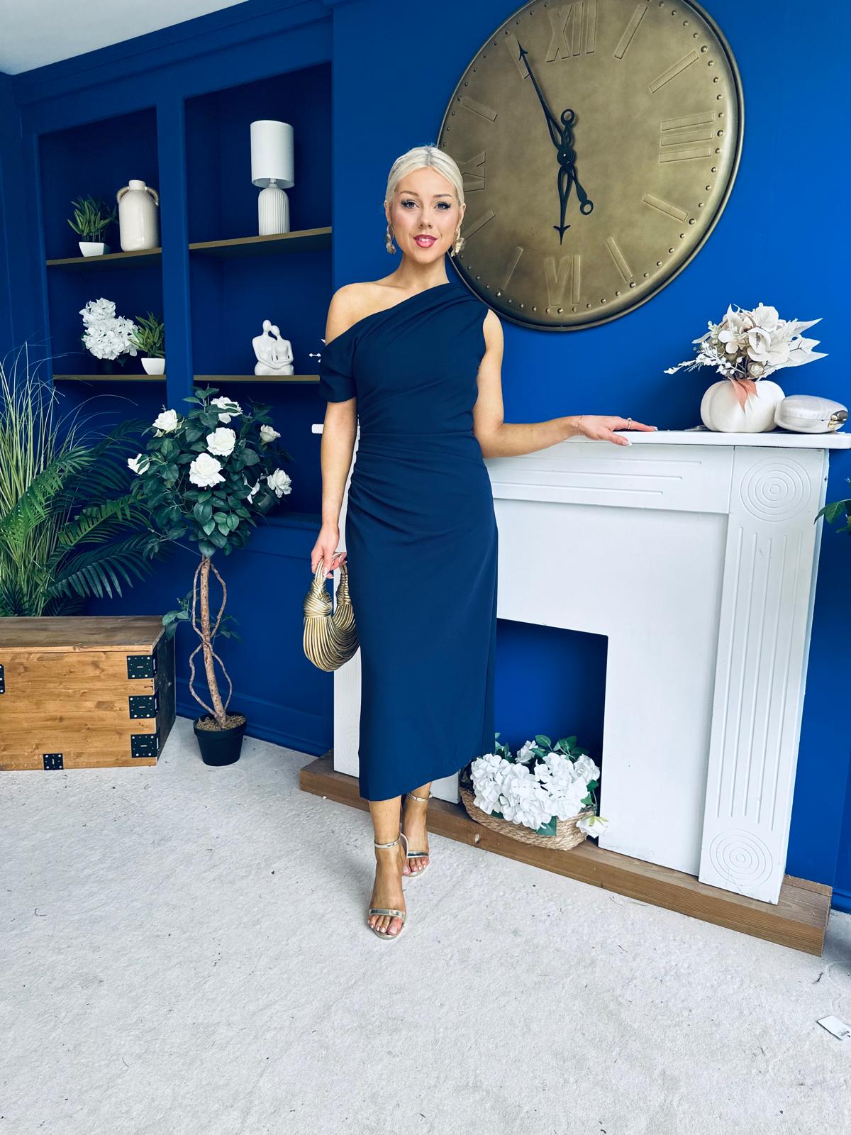 Donna Asymmetric Neckline Midi Dress Navy