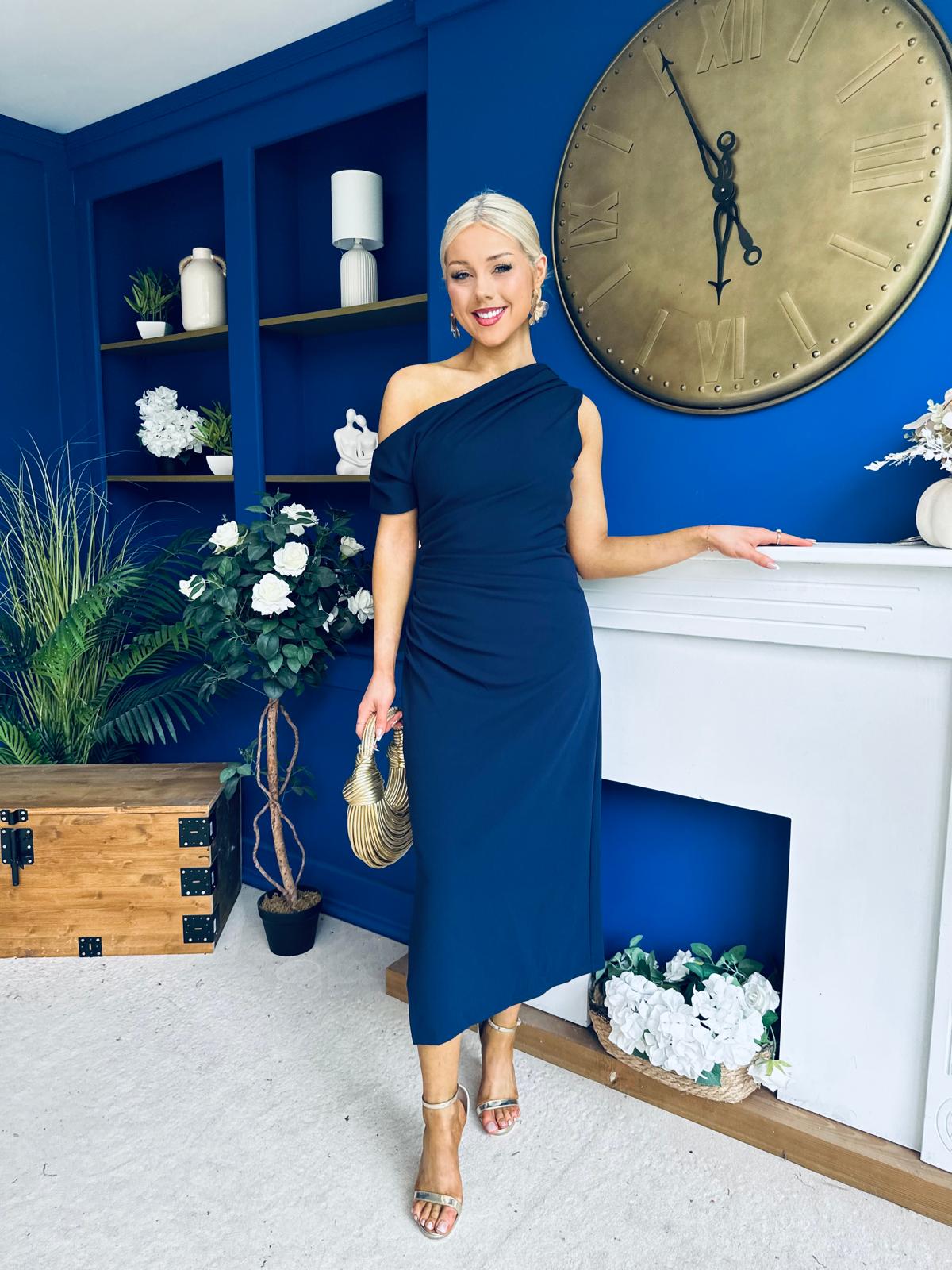 Donna Asymmetric Neckline Midi Dress Navy