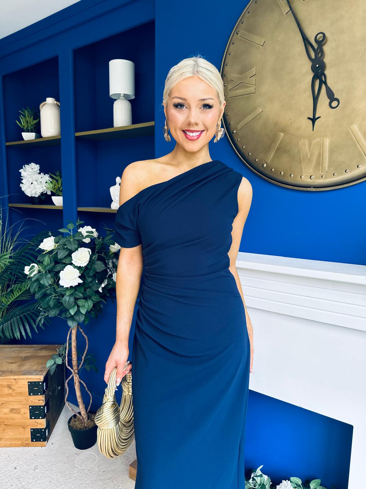 Donna Asymmetric Neckline Midi Dress Navy