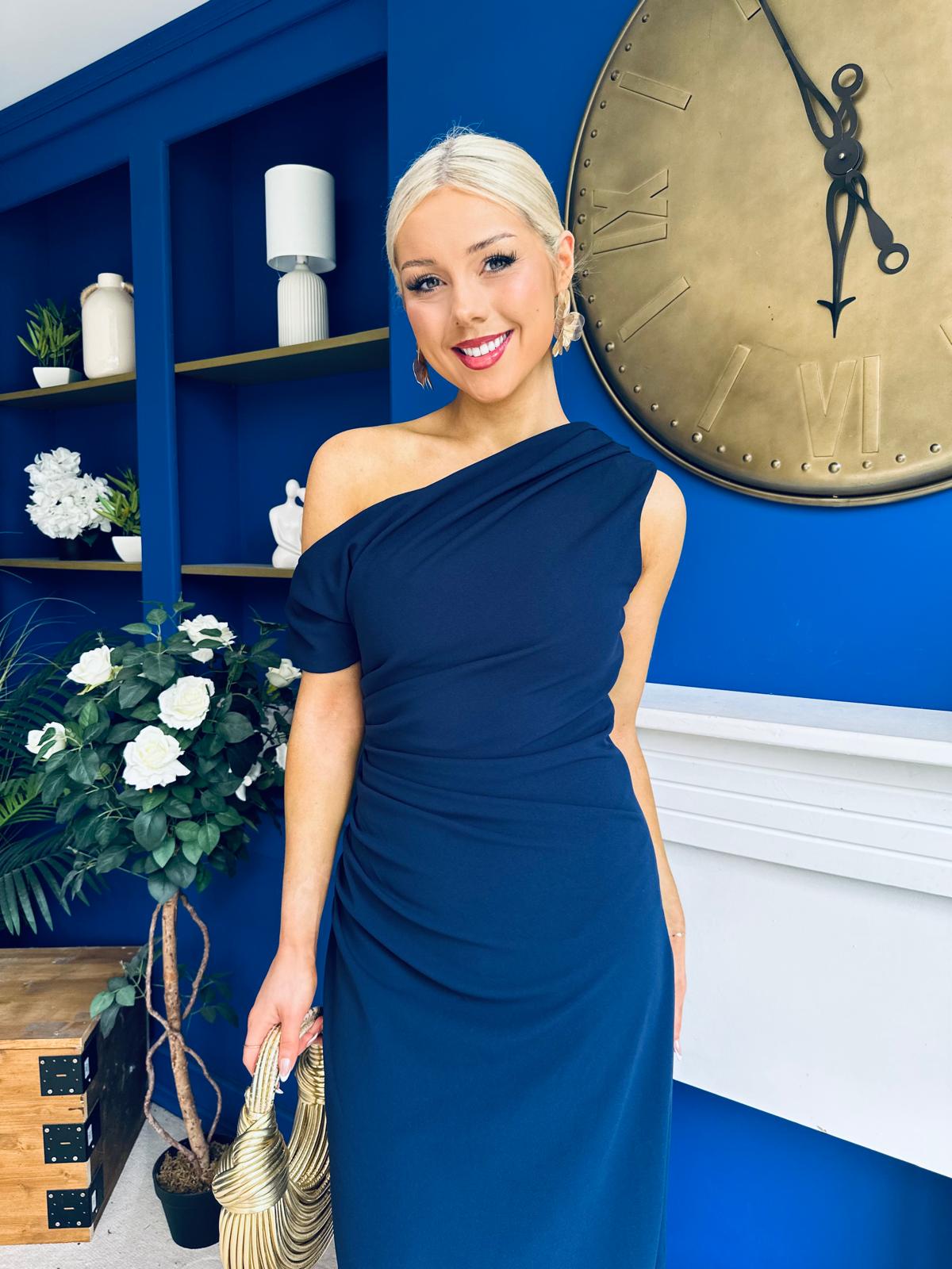 Donna Asymmetric Neckline Midi Dress Navy