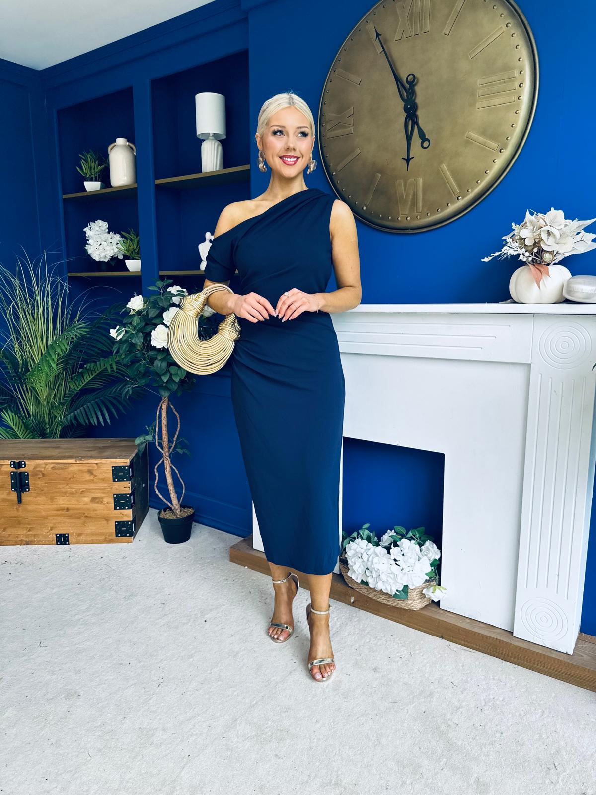 Donna Asymmetric Neckline Midi Dress Navy