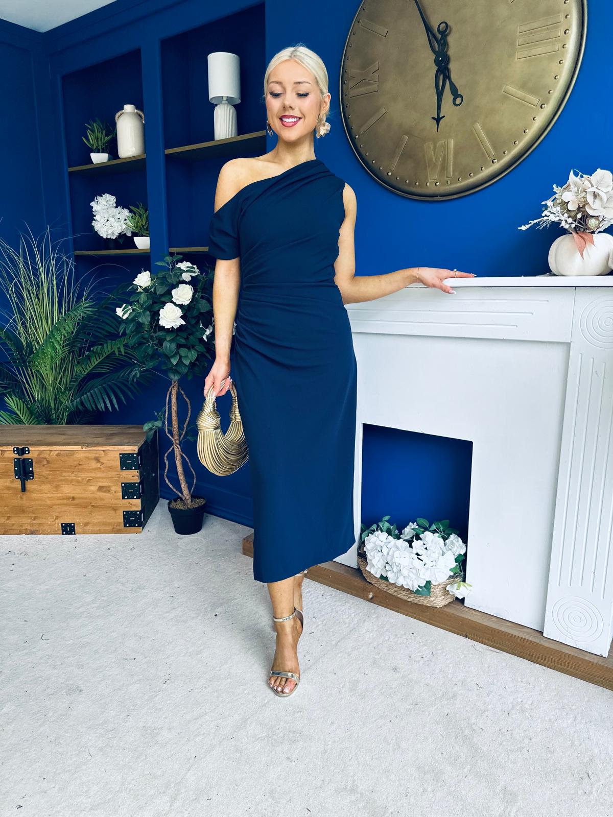 Donna Asymmetric Neckline Midi Dress Navy