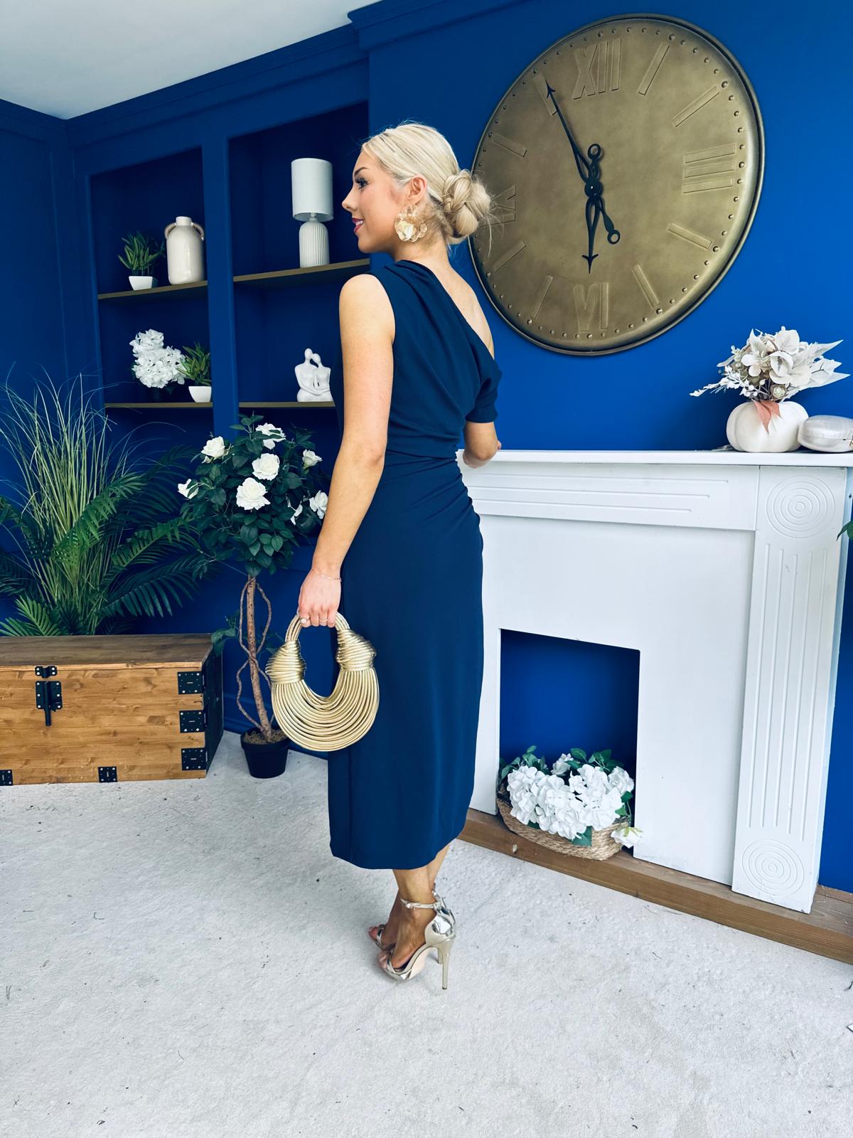 Donna Asymmetric Neckline Midi Dress Navy