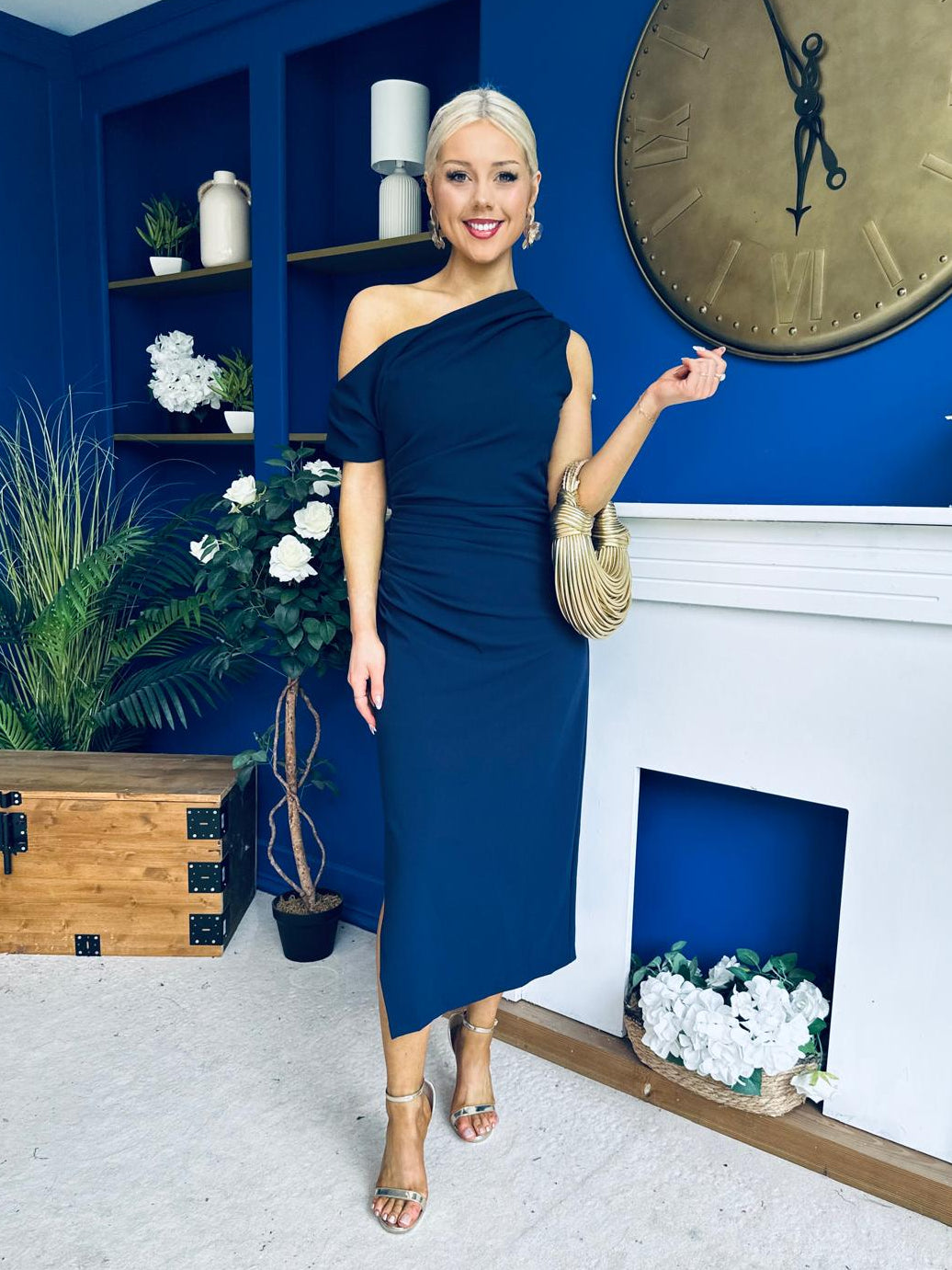 Donna Asymmetric Neckline Midi Dress Navy