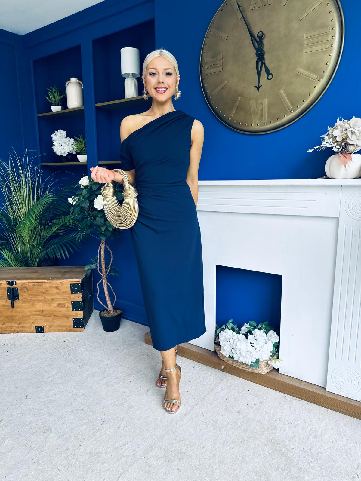 Donna Asymmetric Neckline Midi Dress Navy