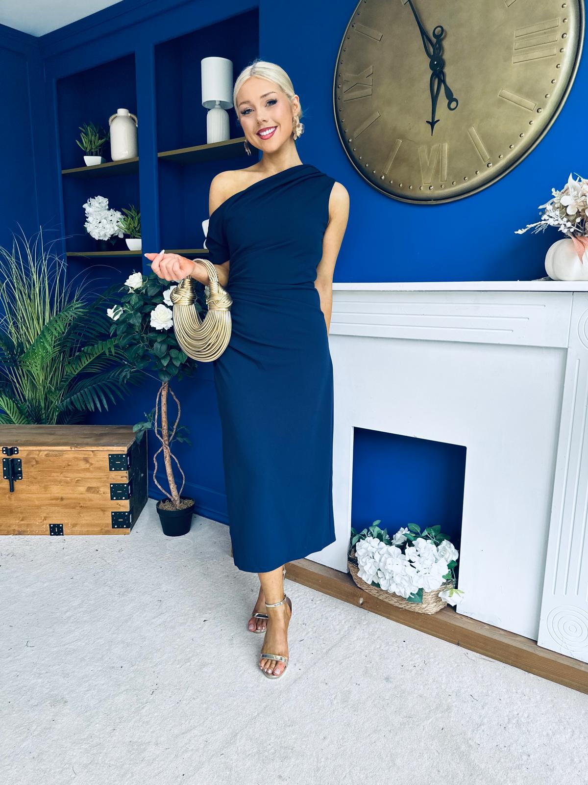 Donna Asymmetric Neckline Midi Dress Navy