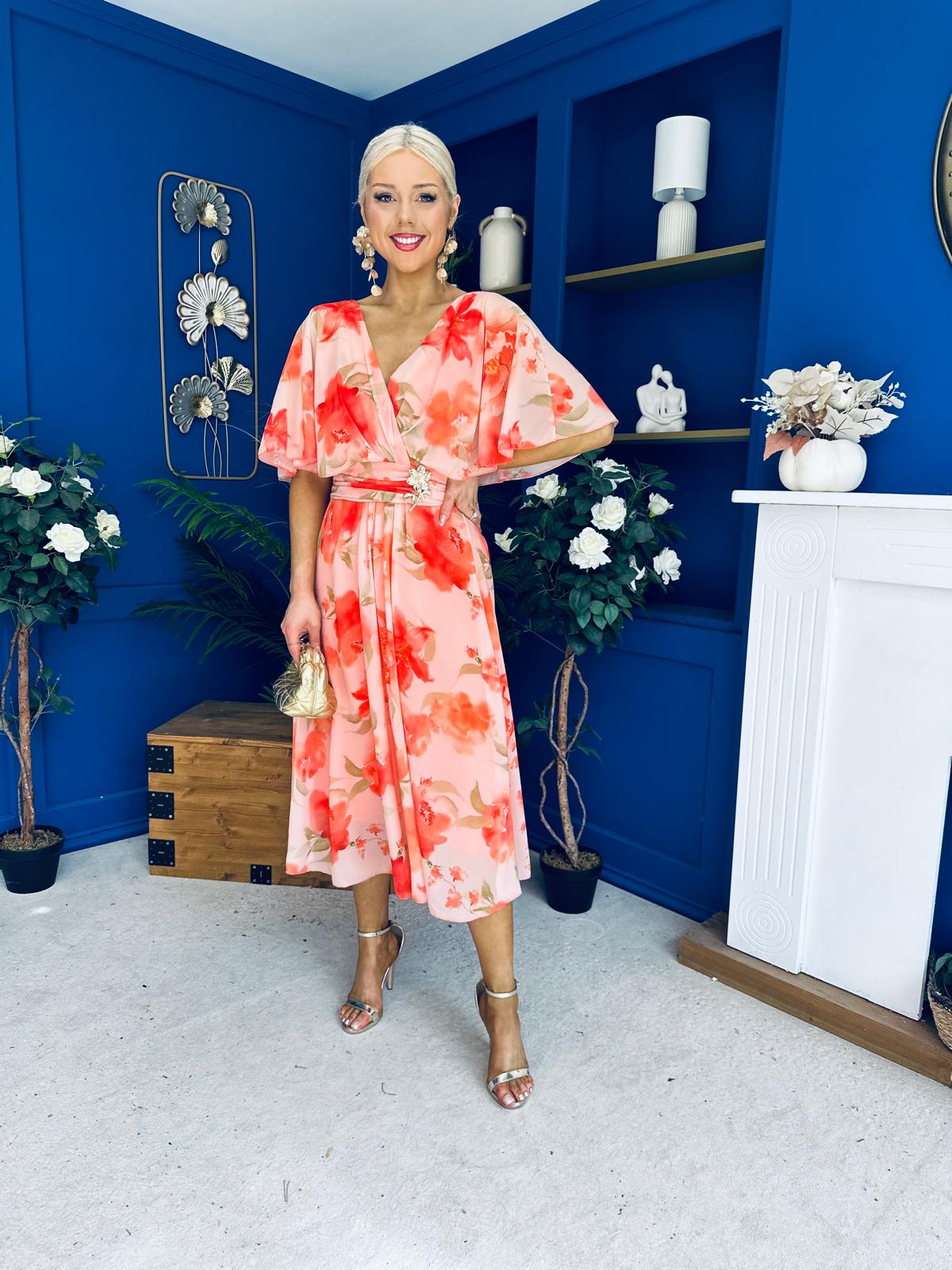 Julia Cape Detailed Midi Dress Floral Coral