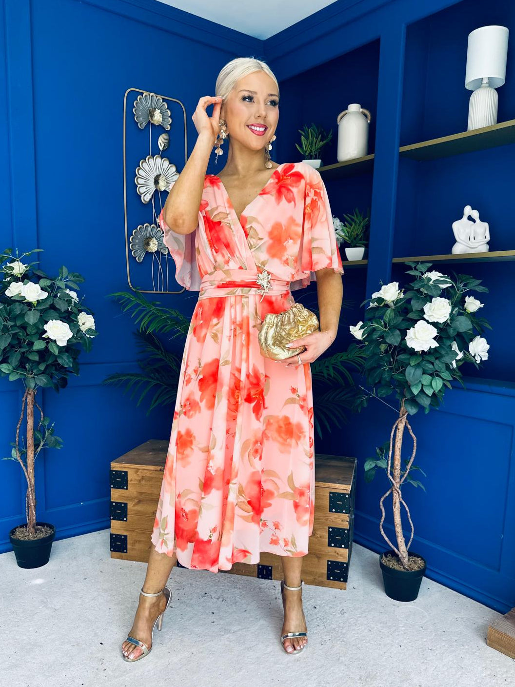 Julia Cape Detailed Midi Dress Floral Coral