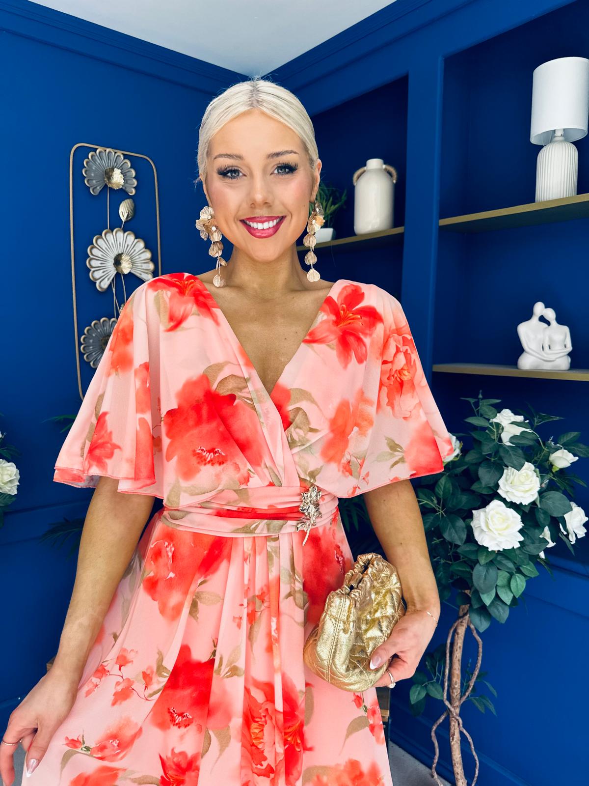 Julia Cape Detailed Midi Dress Floral Coral