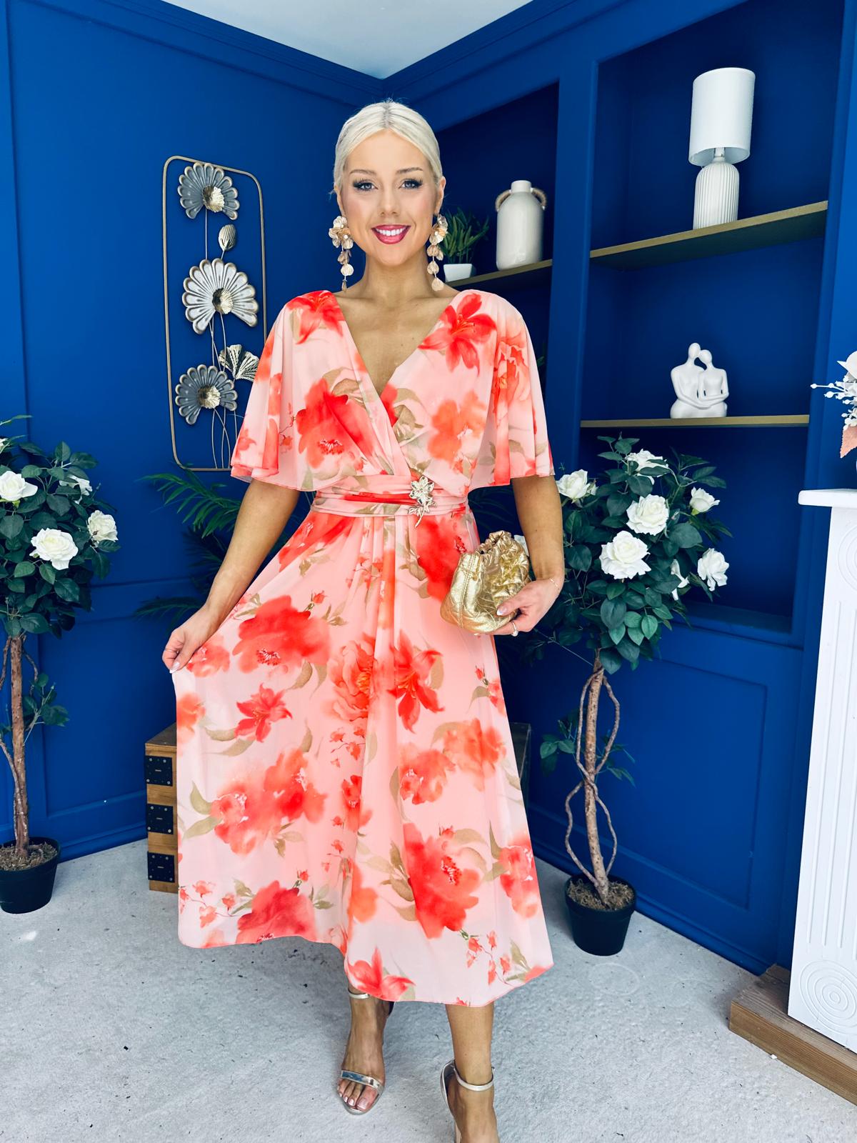 Julia Cape Detailed Midi Dress Floral Coral